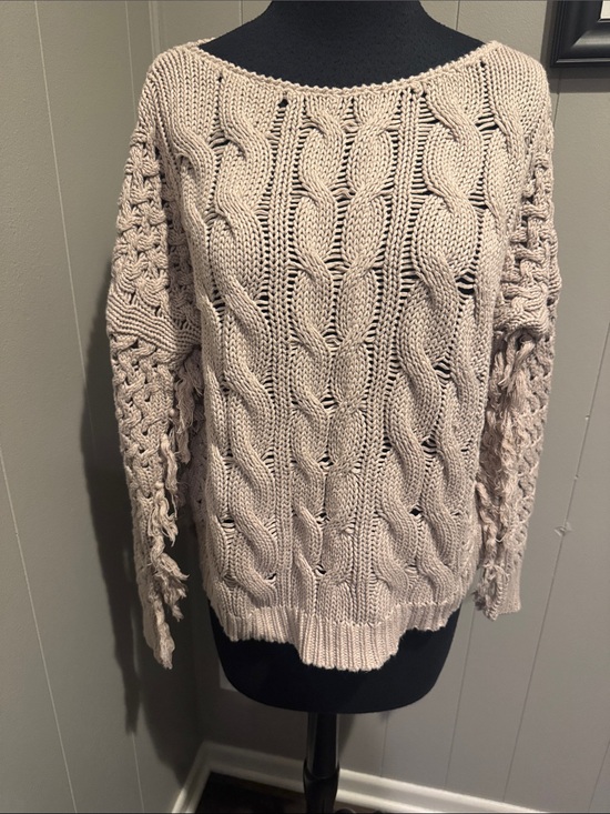 Autumn Cashmere Sweaters - Autumn Cashmere Tan Open-Stitch Cable Knit Sweater. Fringe side seams & underarm